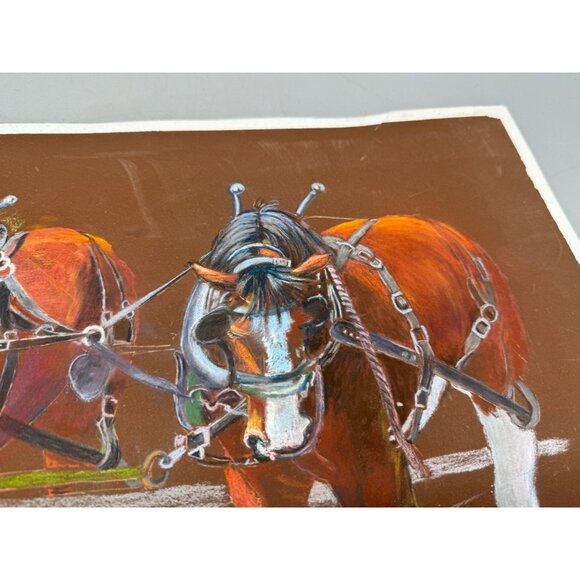 Vintage Equestrian Artwork Two Draft Horses Harness brown western 20.5x16" READ - Picture 7 of 10